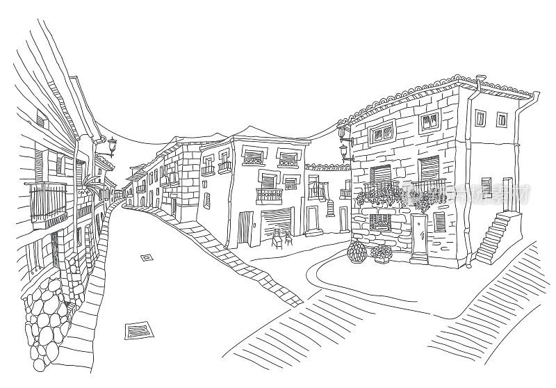 矢量手绘的一个古老的街道建筑在欧洲南部小镇。单线涂鸦，黑白插图的书籍封面，t恤印刷，旅游手册，明信片