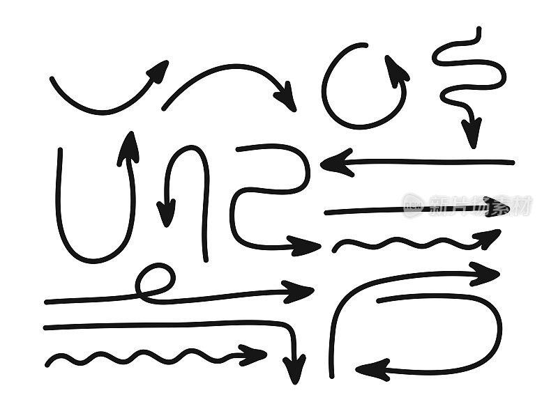 箭头方向线图标，手绘，轮廓向量符号插图。