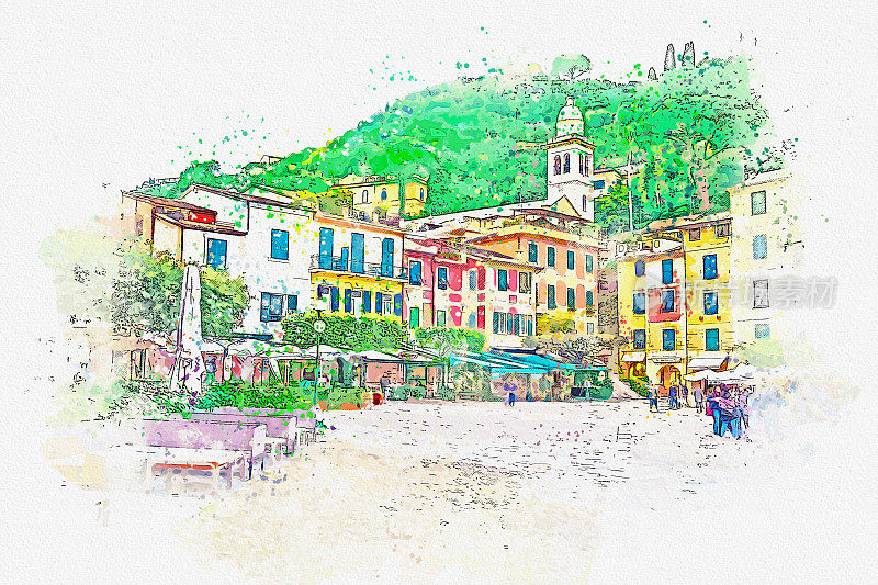意大利著名小镇波托菲诺风景水彩画明信片。