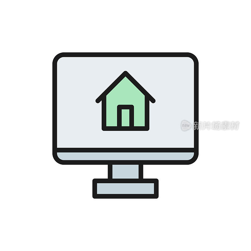 显示器与房屋，应用程序为房地产平面彩色线图标。