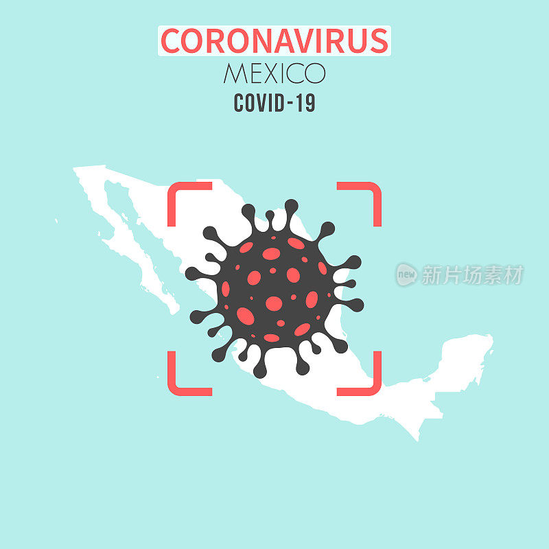 墨西哥地图，红色取景器中有冠状病毒细胞(COVID-19)