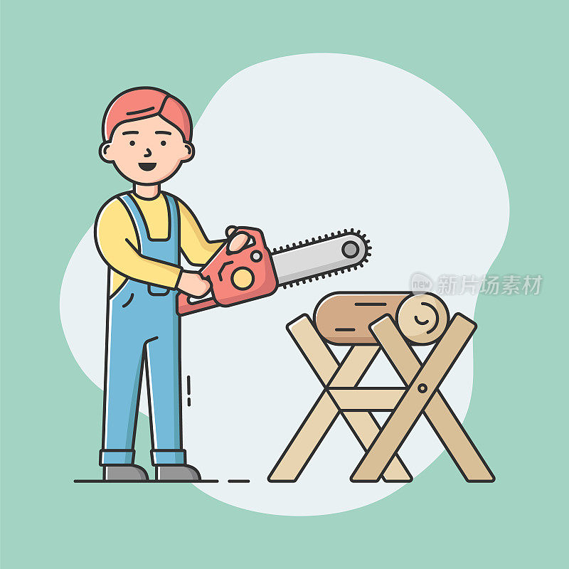 木工行业的概念。年轻的专业木匠穿着制服，在工作场所使用工作工具，用链锯锯原木。建筑木工。卡通线性轮廓平面矢量插图