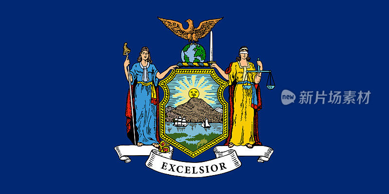 纽约州旗，矢量图。在蓝色背景上的纽约州的盾形纹章，高质量的手绘插图。