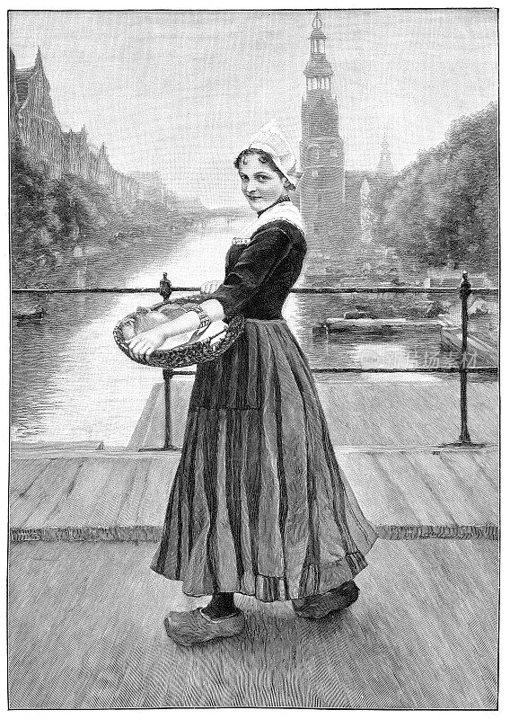 年轻女子走在荷兰阿姆斯特丹1896