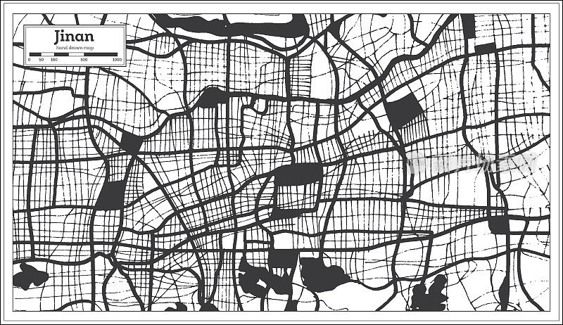 济南中国城市地图黑白复古风格。略图。