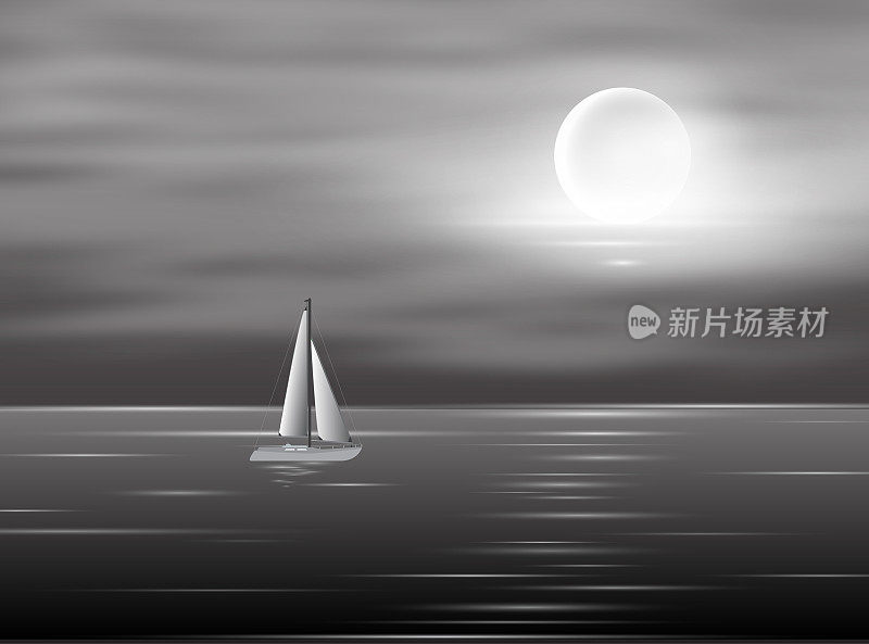 与游艇在海上观赏夜晚的满月。水面上的月影。向量的背景
