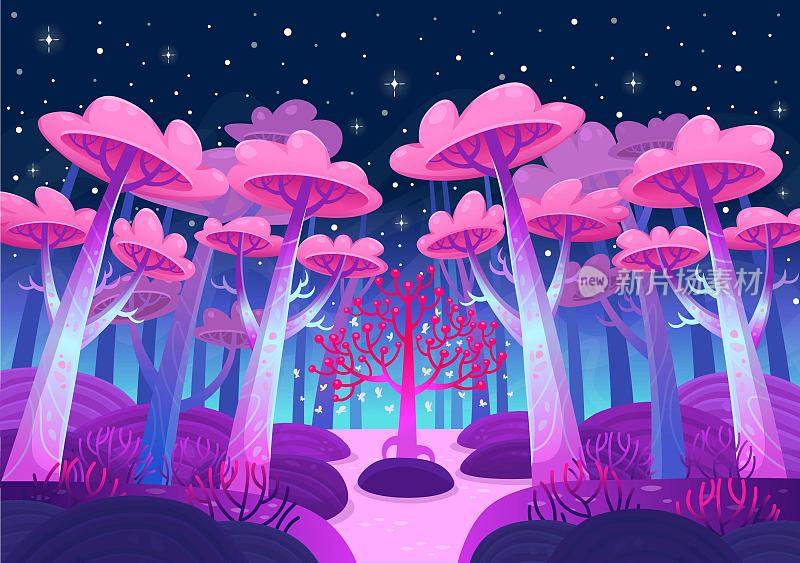 游戏背景，自然景观。有神奇树木和湖泊的夜森林。卡通风格的向量