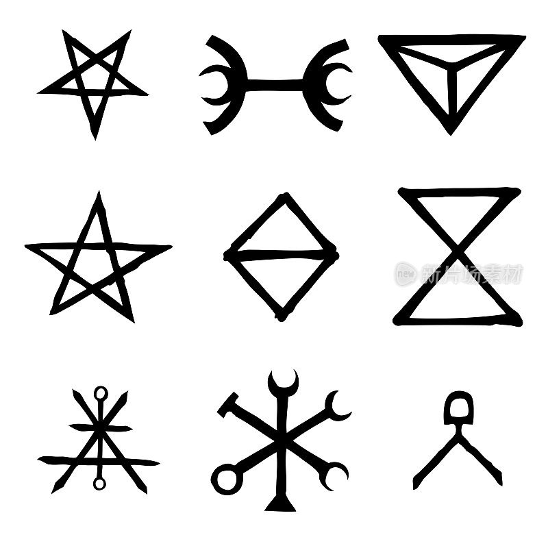 巫术符号想象的十字架符号，灵感来自反基督的五角星和巫术。向量。