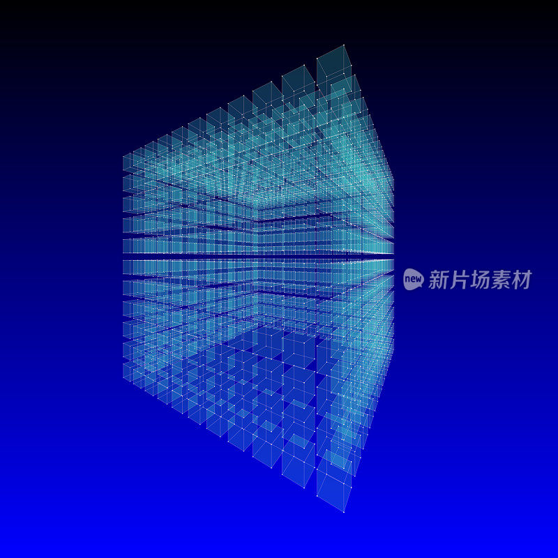 具有许多连接的抽象立方体。减少的观点。