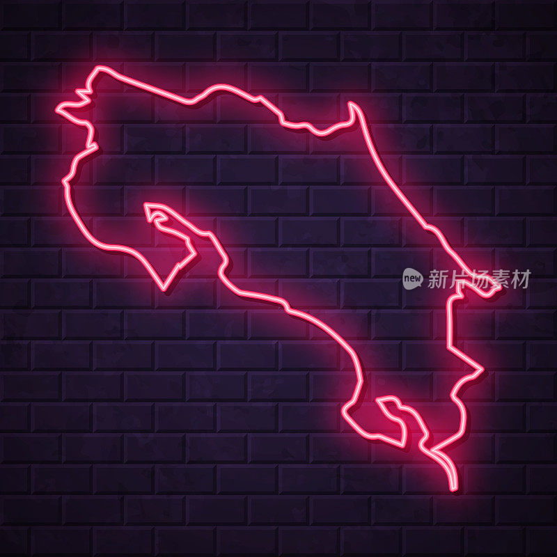 哥斯达黎加地图-发光的霓虹灯在砖墙的背景