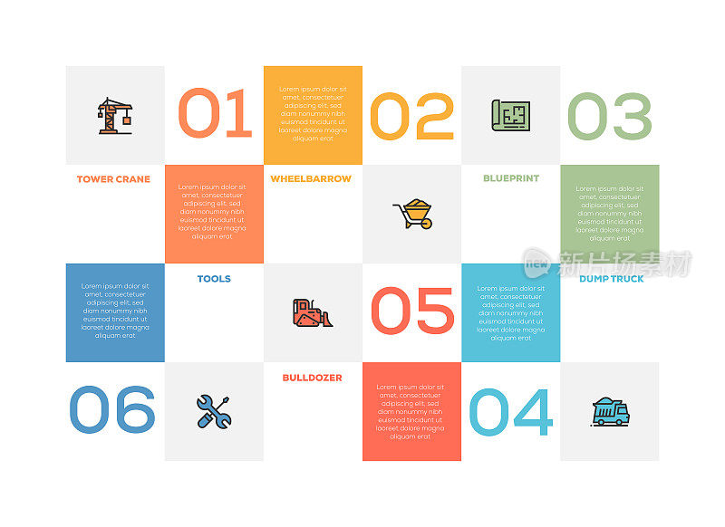 信息图设计模板。塔吊,蓝图,手推车,推土机,自卸卡车,工具图标与6个选项或步骤。