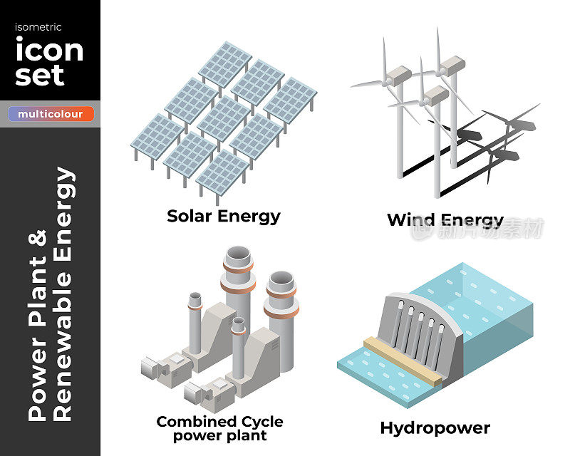 发电厂和可再生能源等距图标插图。向量股票插图