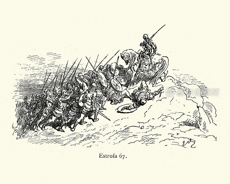 中世纪的战斗，骑士在马背上与步兵作战