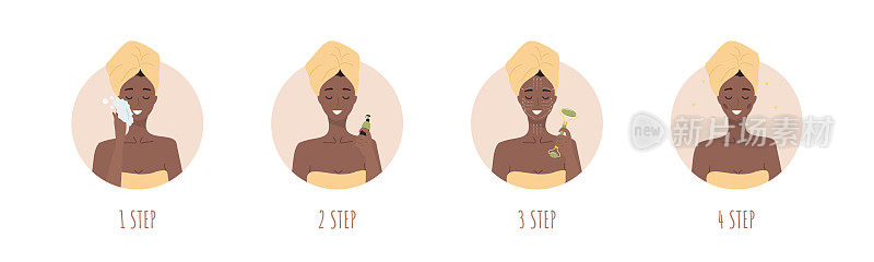 面部按摩的步骤。非洲妇女用玉石滚轮做面部美容spa。早晨例行公事。皮肤护理的概念。有机产品。矢量插图在平面卡通风格