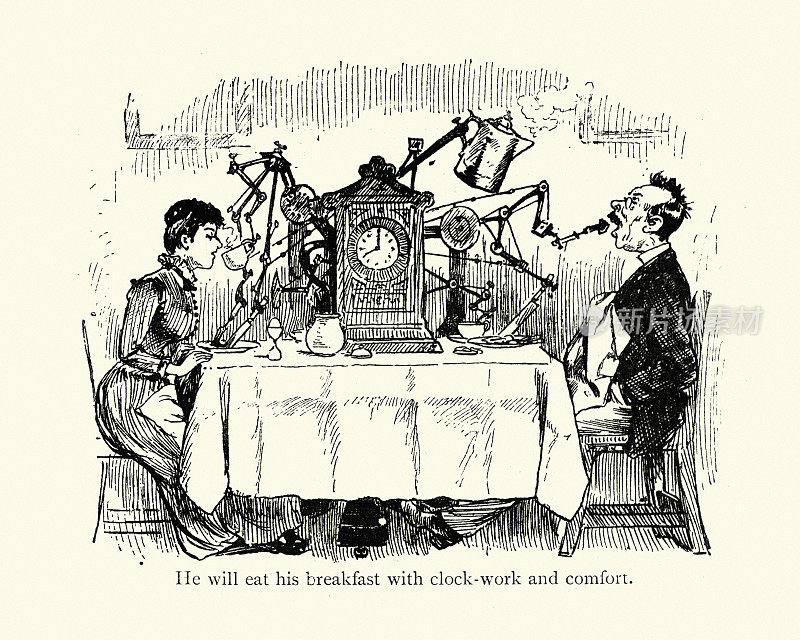 古怪的发明，发条早餐服务器，维多利亚时代的卡通19世纪