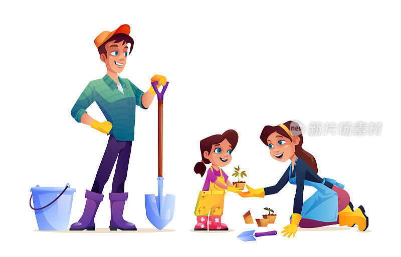 幸福家庭孤立的卡通妈妈、爸爸和女儿用园艺工具种花。矢量父母和孩子花时间在一起，妈妈和女孩在围裙和橡胶手套，闲暇时间