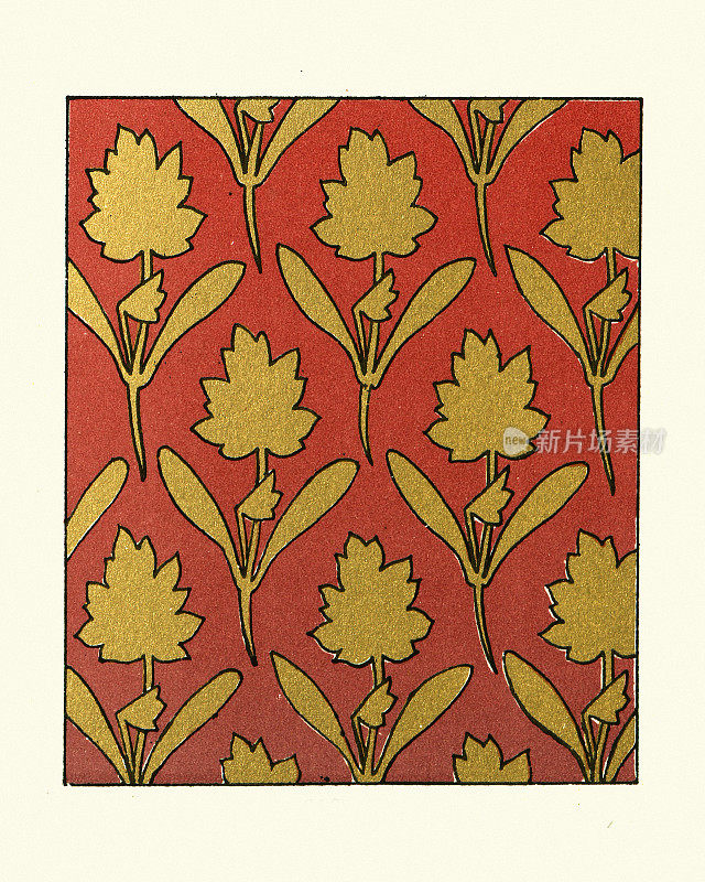 红色背景上的金花，重复图案，维多利亚花卉设计，设计元素，19世纪