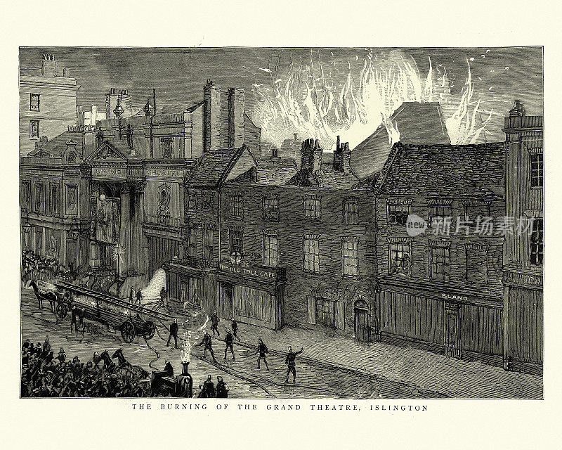 消防队员正在扑灭伊斯灵顿大剧院大火，维多利亚时代，1888年