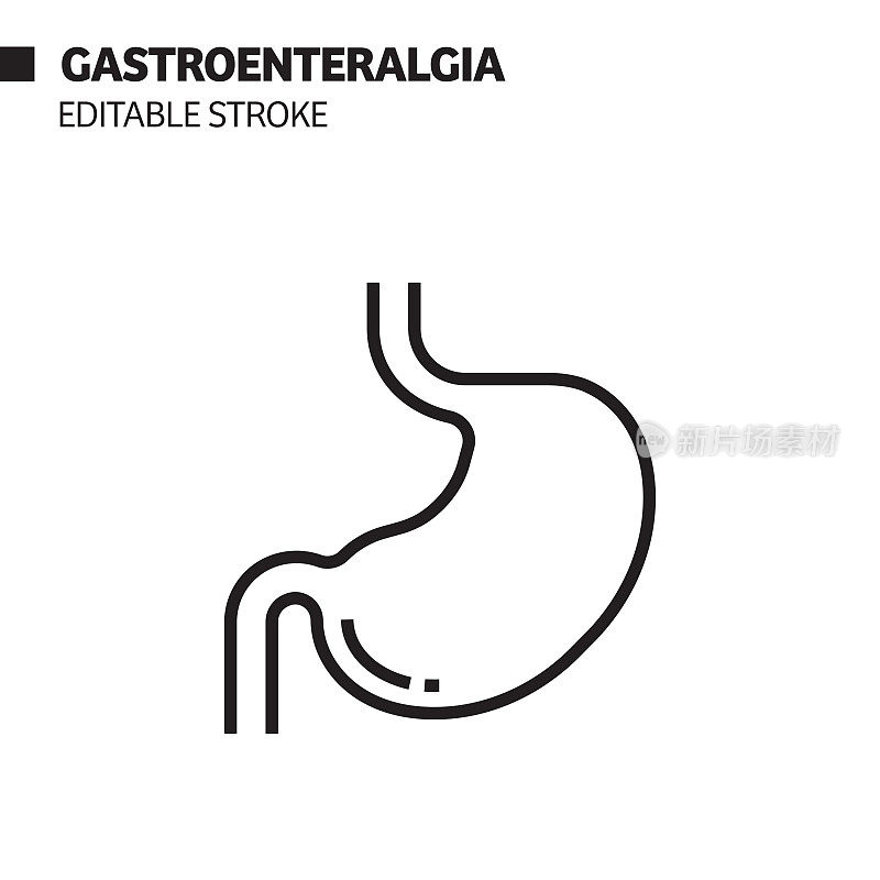 胃肠痛线图标，轮廓矢量符号插图。
