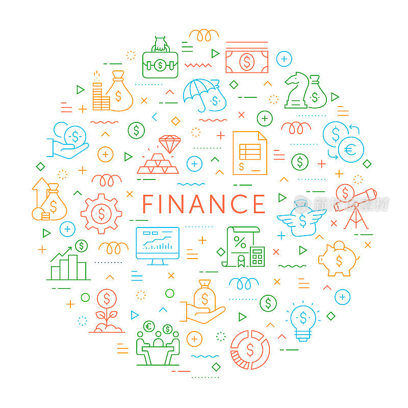金融设计元素。带有轮廓图标的图案设计。色彩斑斓的矢量图