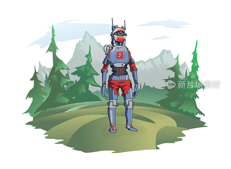 一个人形机器人站在山景背景下。荒野中的机器人，一个后世界末日的情节。矢量插图，孤立在白色。