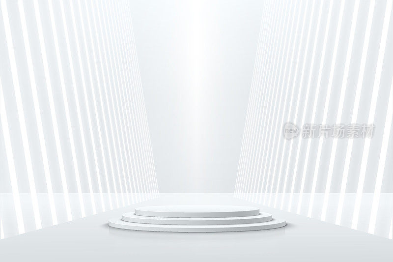白色现实圆柱形基座基座基座基座，透视图霓虹灯。矢量抽象工作室房间与三维几何平台。未来主义科幻最小场景的产品展示，推广展示。