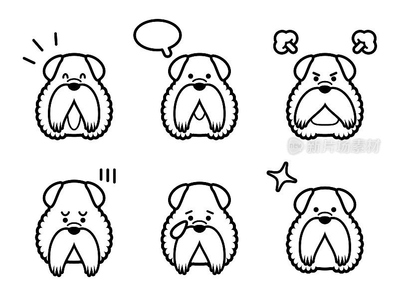 一组有六种黑白表情的老年狗的图标