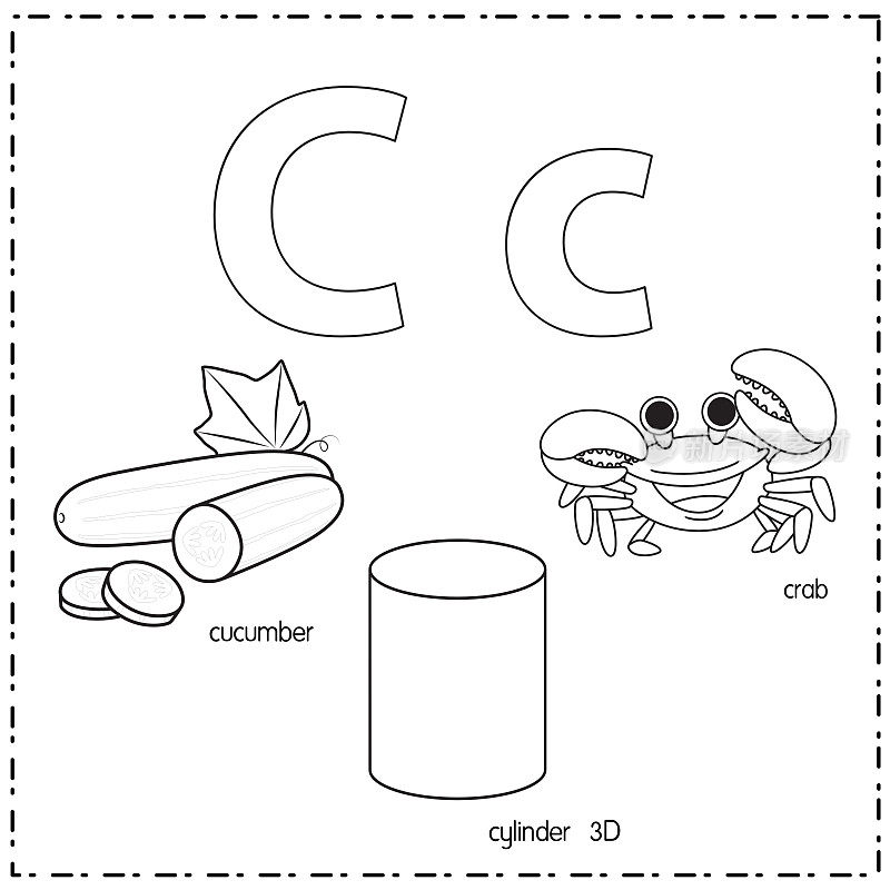 向量插图学习字母C的小写和大写的儿童与3卡通图像。黄瓜圆筒3D螃蟹。