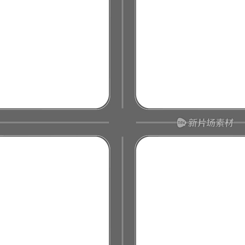 十字路口十字路口，标志俯视图。公路部分与十字路口隔离在白色背景上。城市地图的道路元素。矢量平面插图