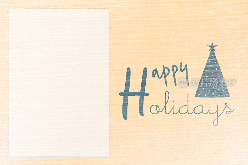 灰色三角形斑点圣诞树与一颗星与文字消息快乐节日在米色水平矢量木制纹理背景白色文本框