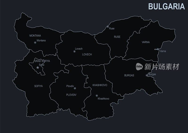 保加利亚的平面地图与城市和地区在一个黑色的背景