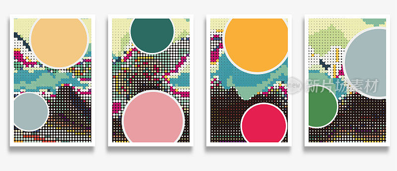 矢量彩色半色调点几何极简主义旗帜卡片设计元素，抽象背景集合