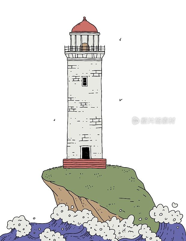 波涛汹涌的海浪中，岩石上的灯塔。景观与信号塔探照灯和水横幅设计。矢量线涂鸦插图。