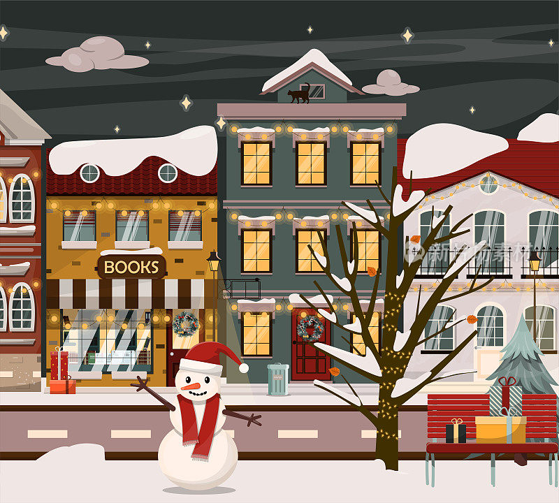 矢量冬季街道圣诞节。有圣诞树、房子、雪人和节日装饰品的卡通插图。欧洲城市的平安夜。除夕夜，背景，新年明信片