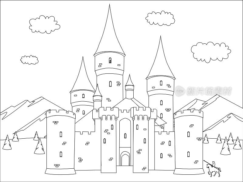 山里的梦幻城堡。黑白矢量图画书插图