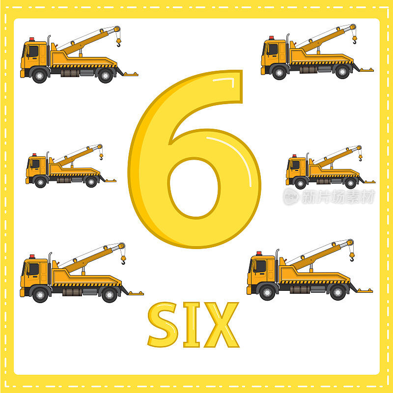 儿童数字教育插图。儿童学会了数数字6与6拖车显示在图片中的车辆类别。