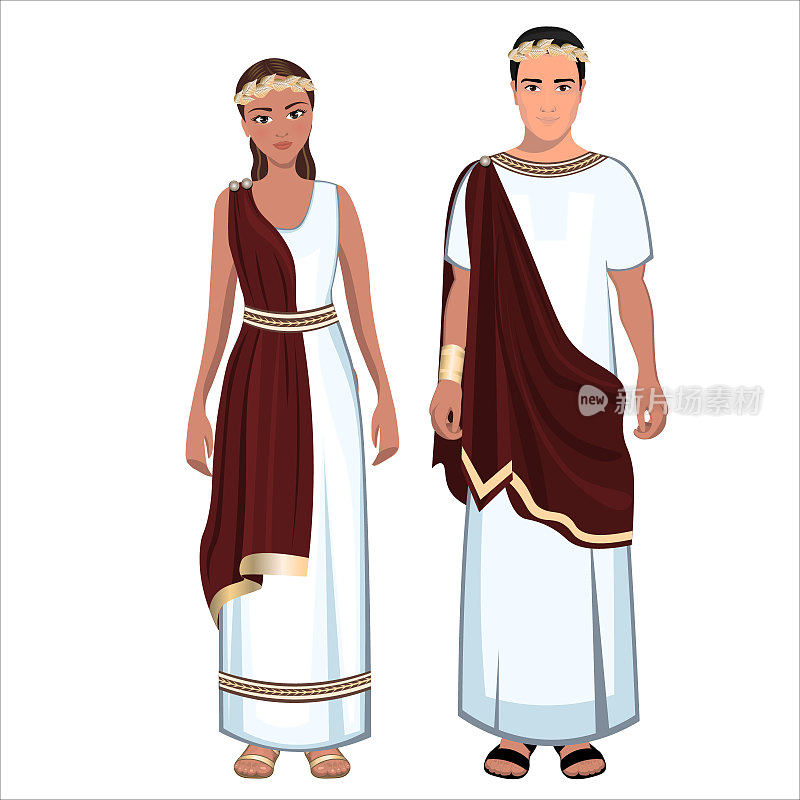 女人和男人穿着希腊民族的民间服装。矢量图