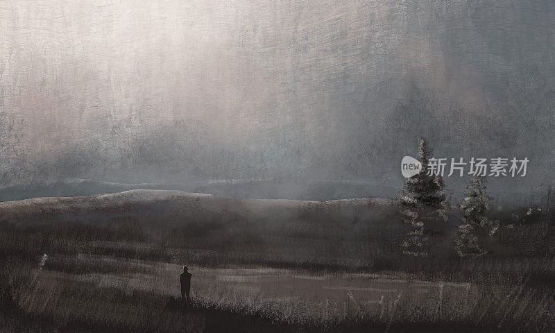 男人的剪影站在山景与树木和忧郁的天空。纹理暗色数码绘画