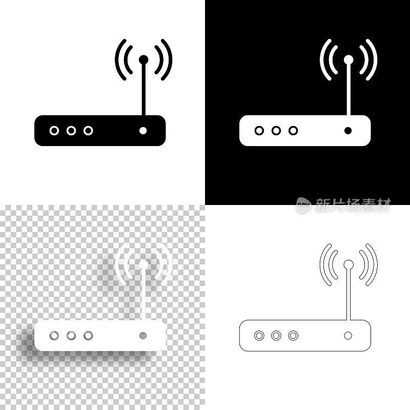 无线路由器。图标设计。空白，白色和黑色背景-线图标