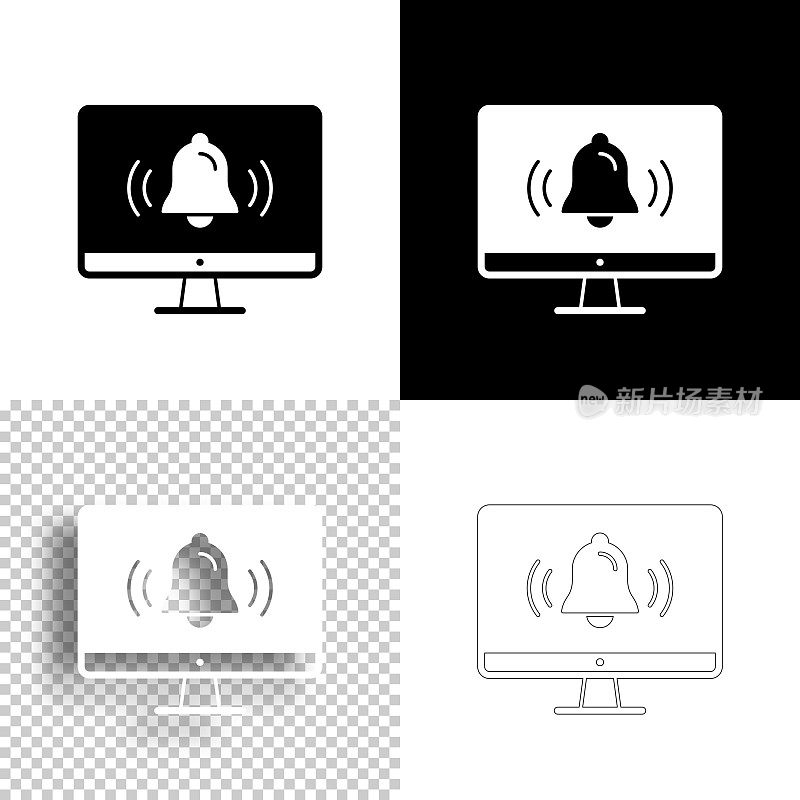 带铃声的桌面电脑-通知。图标设计。空白，白色和黑色背景-线图标