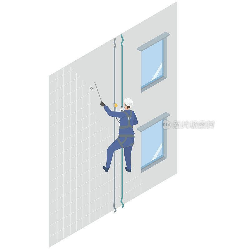 一个公司通过悬挂绳索对建筑物和公寓的外墙进行调查的等距图