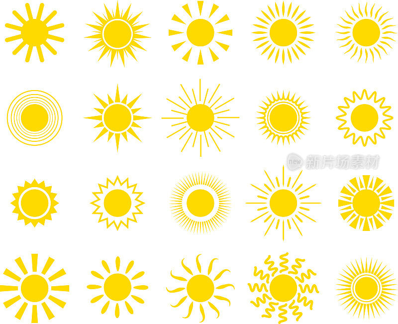 太阳。一组不同形状的太阳。太阳射线图标孤立在白色背景上