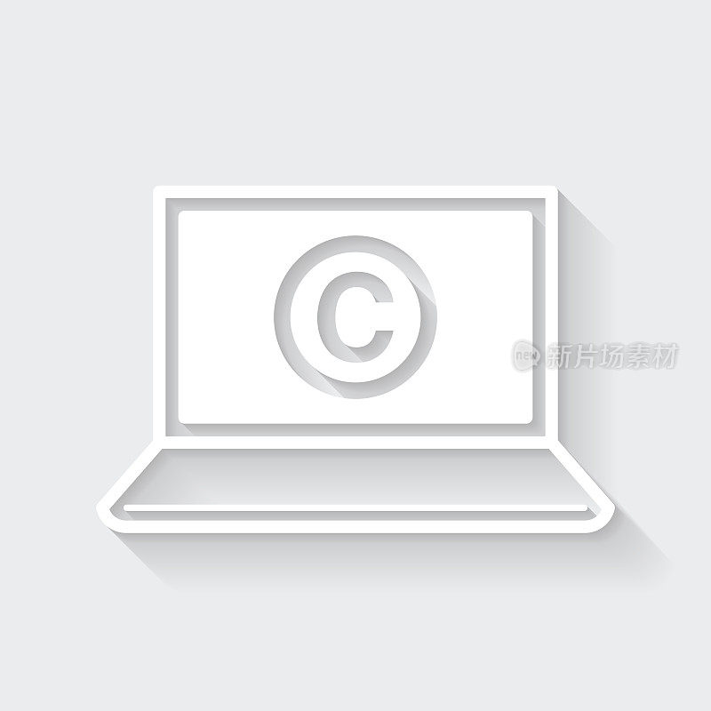 带有版权标志的笔记本电脑。图标与空白背景上的长阴影-平面设计