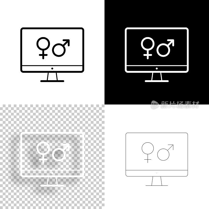 带有性别符号的台式电脑。图标设计。空白，白色和黑色背景-线图标