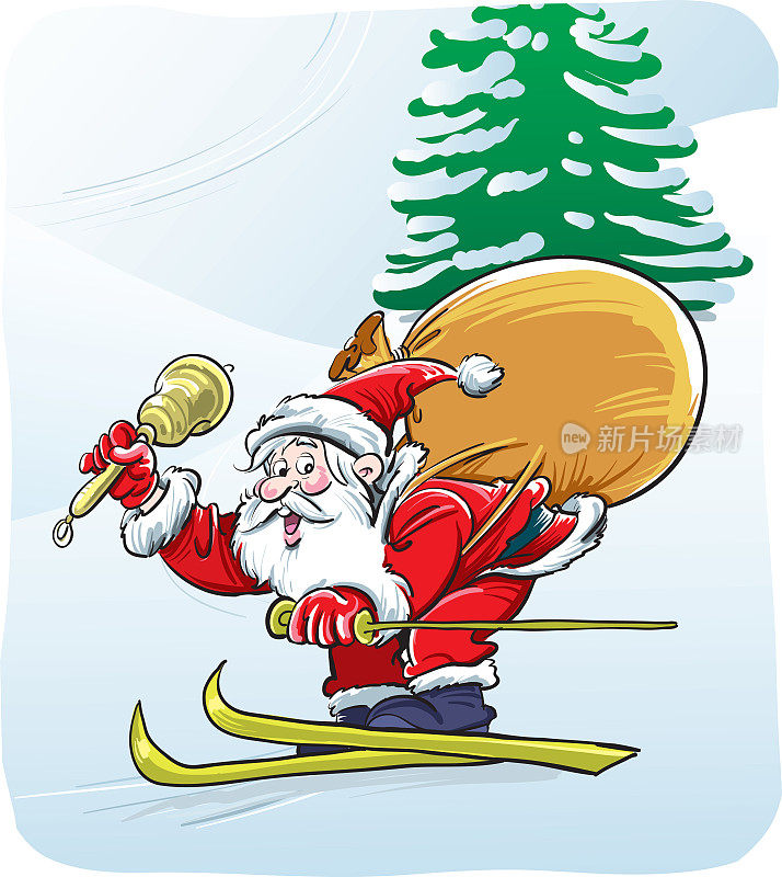 圣诞老人骑着雪橇，背上背着装满礼物的大袋子