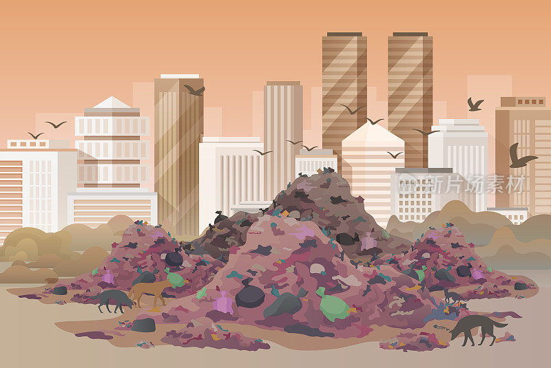 城市垃圾场，荒地，被污染的城市天际线和旧垃圾混合堆的垃圾填埋场