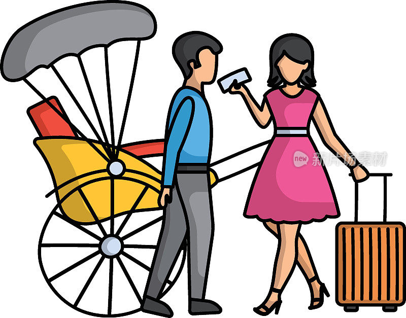 轮式推车座椅矢量颜色图标设计，旅游和旅游符号，假日和度假标志，发现和探索股票插图，传统人力车概念，