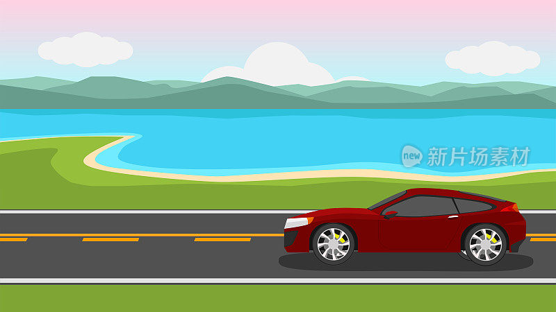 红色的旅行跑车。在柏油路上行驶。与。沙滩和遥远岛屿的环境。