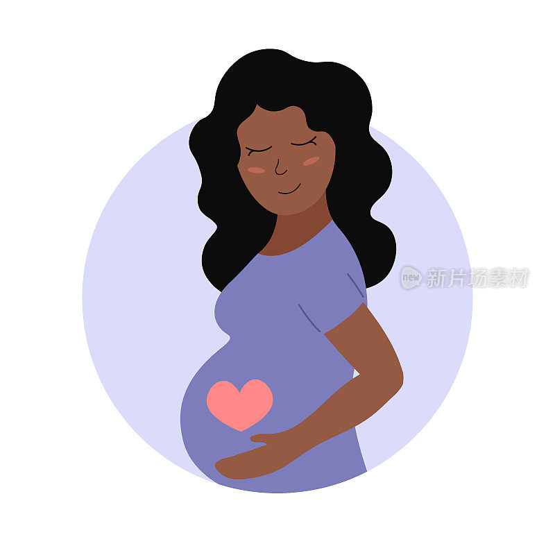 可爱的孕妇。快乐的非裔美国人，心在肚子上。怀孕的概念。准妈妈的平面矢量插图。