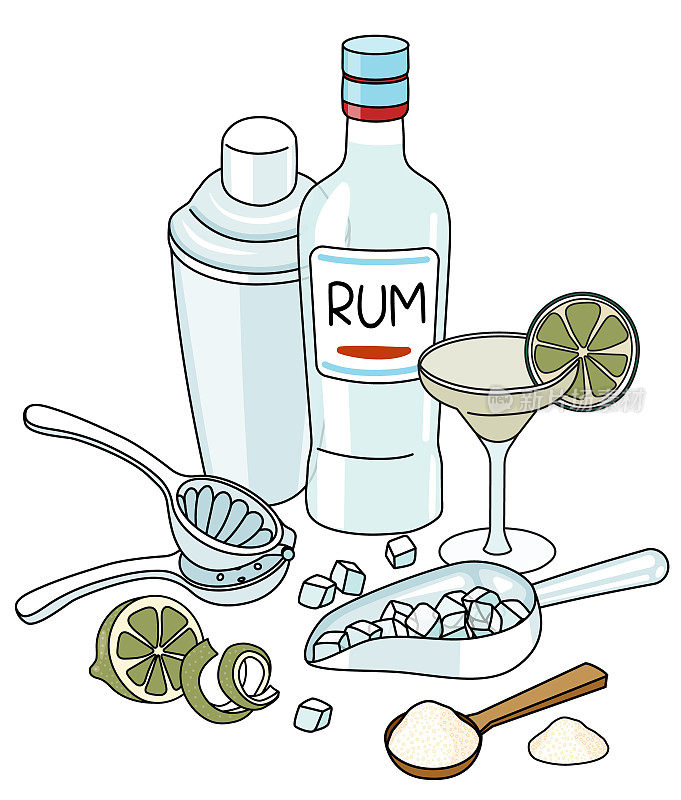 涂鸦卡通Daiquiri鸡尾酒和成分组成。一瓶白朗姆酒，新鲜青柠，调酒器和冰勺。为酒吧菜单，贴纸或酒精烹饪书食谱。